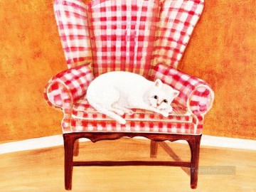  Chair Oil Painting - white cat in chair